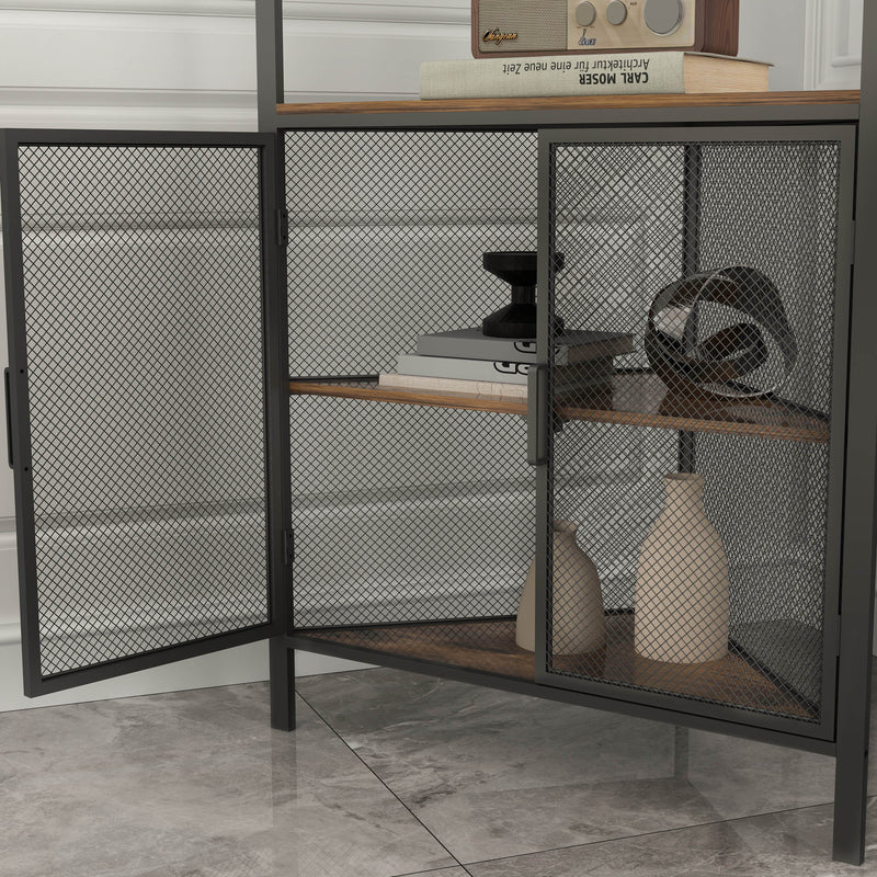 5 Tier Shelves With Metal Mesh Door, Bookcase Storage Shelf Corner Shelf For Small Space, Living Room - Black / Brown