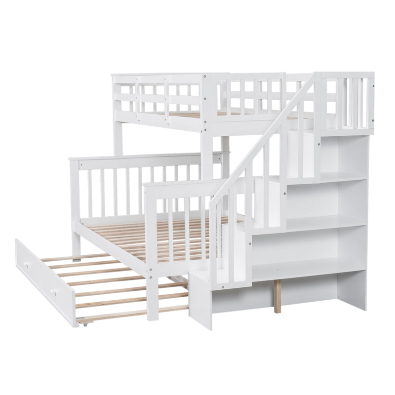 Twin Over Full Bunk Bed With Twin Size Trundle, Storage And Guard Rail For Bedroom, Dorm, For Adults - White