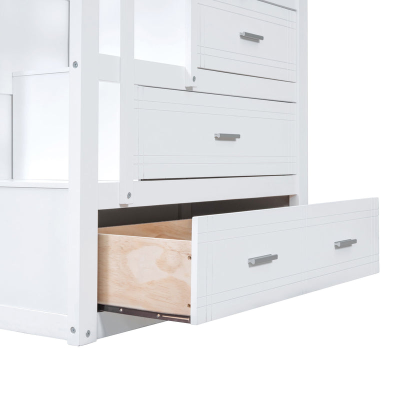 Twin Over Twin Bunk Bed With Trundle And Staircase - White