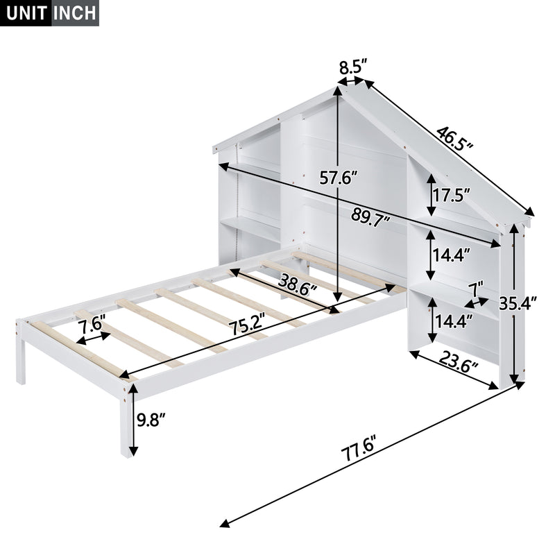 Wood Twin Size Platform Bed with House-shaped Storage Headboard and Built-in LED, White