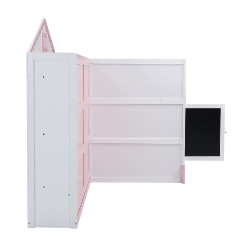 Wood Full Size House Murphy Bed with USB, Storage Shelves and Blackboard, Pink+White