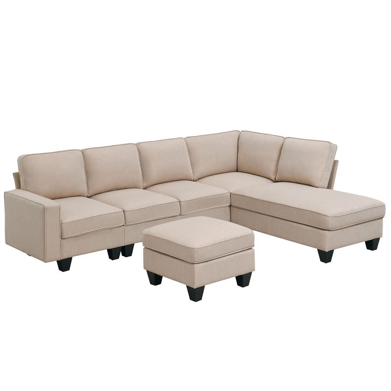 Modern L-Shaped Sectional Sofa, 7-Seat Linen Fabric Couch Set With Chaise Lounge And Convertible Ottoman For Living Room, Apartment, Office