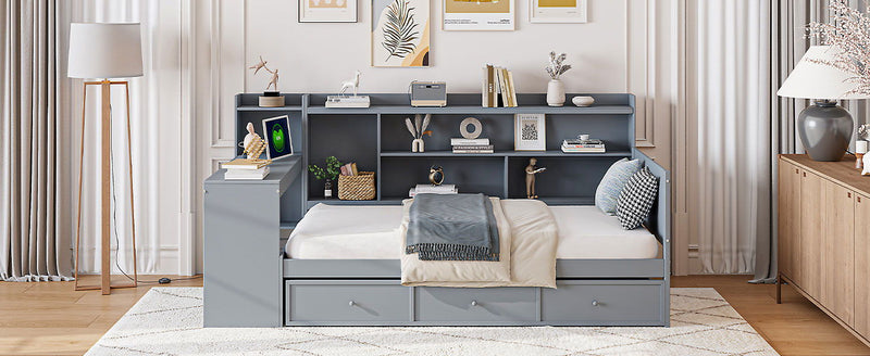 Twin Size Wooden Daybed With 3 Drawers, USB Ports And Desk - Gray