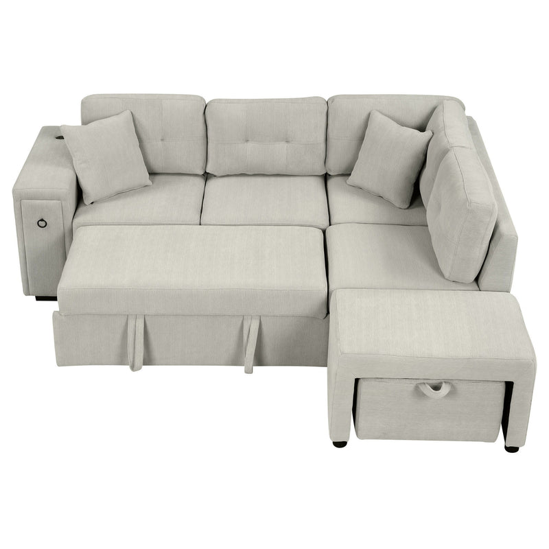 Sectional Sofa L-Shaped Sofa Couch Pull-Out Sofa Bed With A Movable Ottoman, Two USB Ports And Two Cup Holders For Living Room