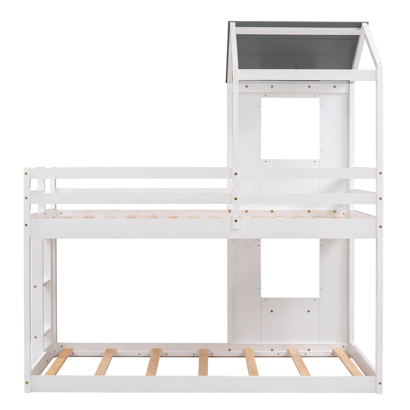 Twin Over Twin Bunk Bed Wood Bed with Roof, Window, Guardrail, Ladder (White)(OLD SKU :LP000056AAK)