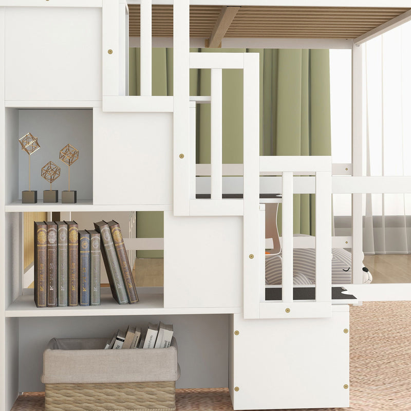 Full Size Loft Bed With Built-In Desk, Bookshelves And Storage Staircase - White