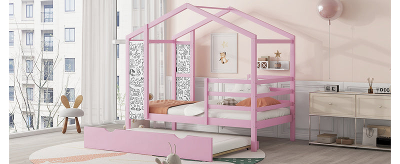 Twin Size Wood House Bed with Fence and Writing Board,Pink