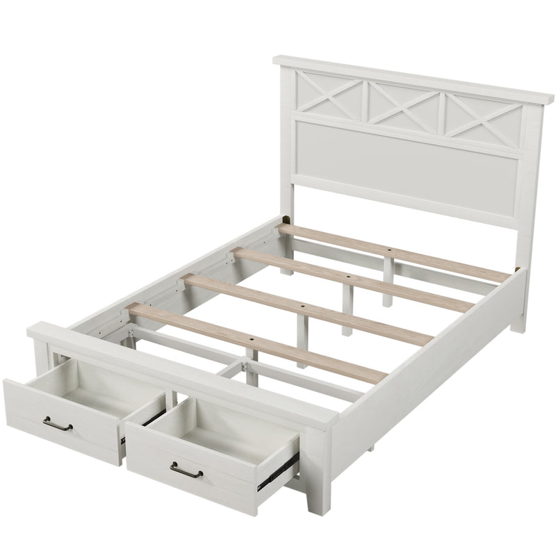 Rustic Farmhouse Style Whitewash Queen Storage Panel Bed with Two Drawers, White(old sku:BS301592AAK)