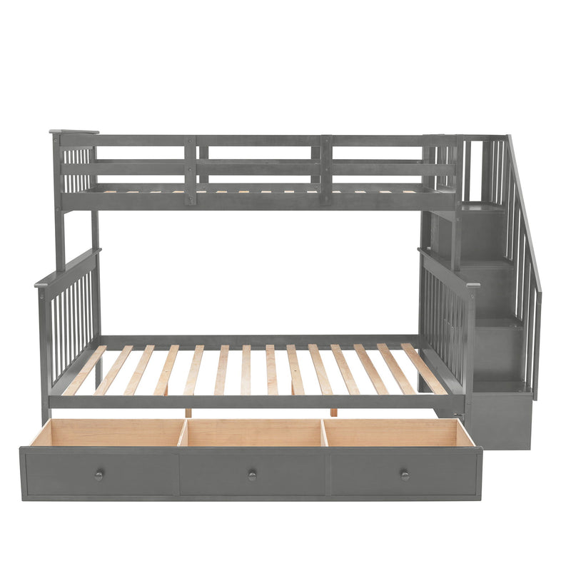 Twin Over Full Stairway Bunk Bed With Drawer, Storage And Guard Rail For Bedroom, Dorm, For Adults