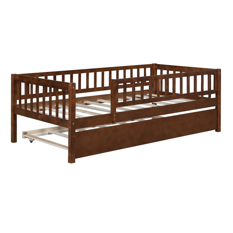 Twin Size Wood Daybed with Trundle and Fence Guardrails, Walnut