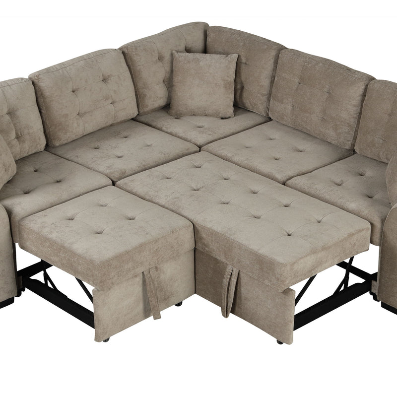 L-Shape Sofa Bed Pull-Out Sleeper Sofa With Wheels, USB Ports, Power Sockets For Living Room