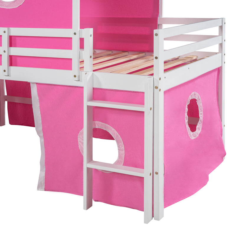 Twin Size Bunk Bed with Slide Pink Tent and Tower - Pink