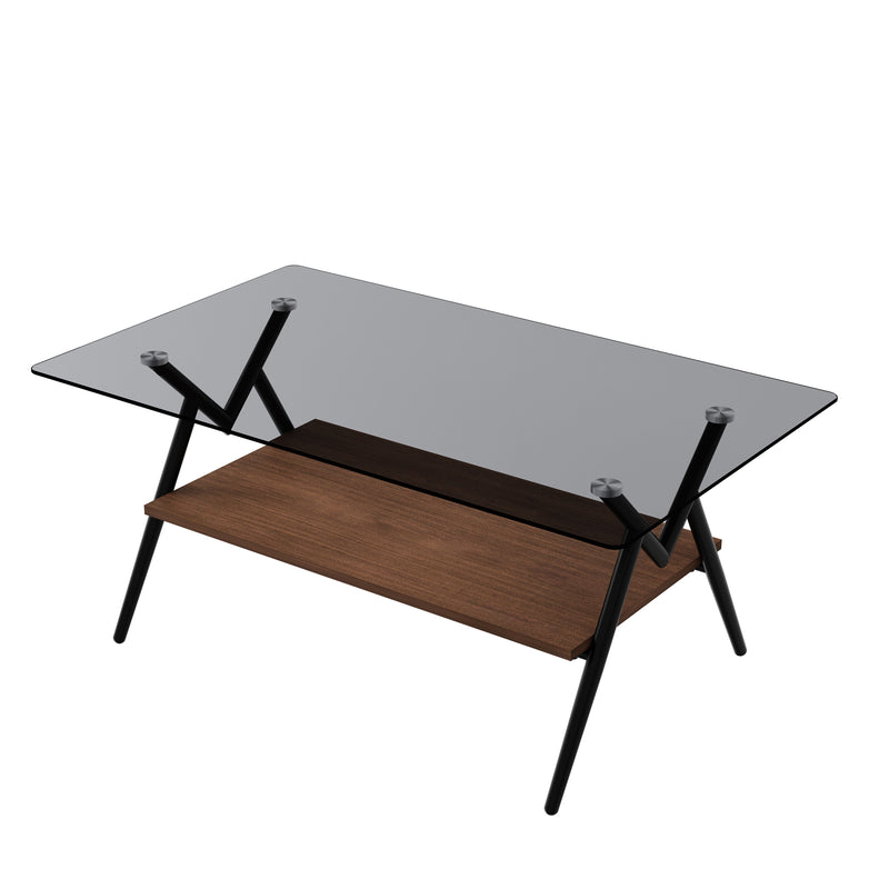 Rectangle Coffee Table With Tempered Glass Top And MDF Shelf, Modern Table For Living Room