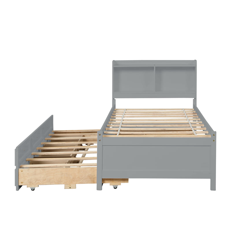 Twin Bed with Twin Trundle,Drawers,Grey