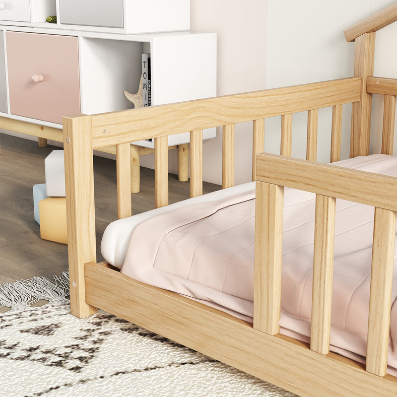 Twin House-Shaped Bedside Floor Bed with Guardrails, Slats, without Door ,Natural