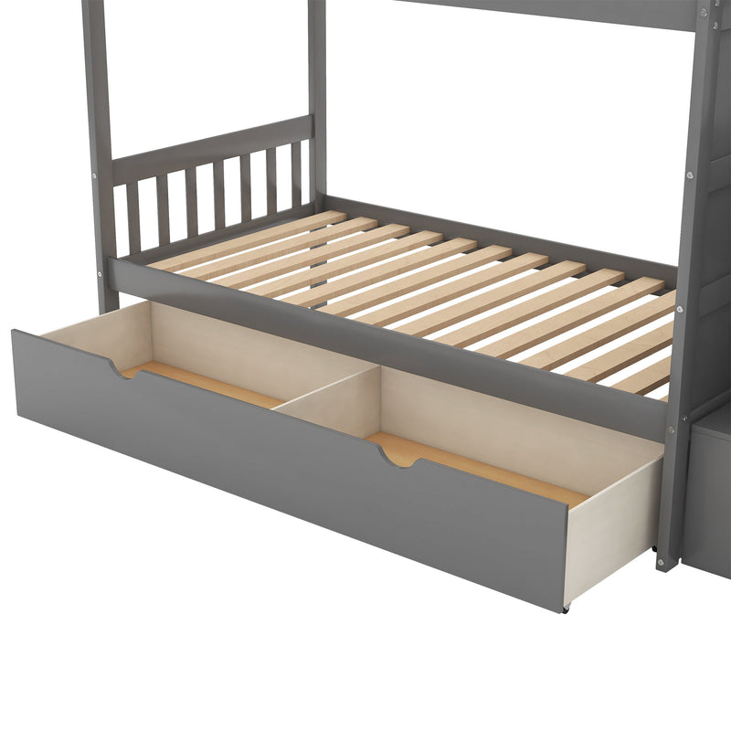 Bunk Bed, Convertible Bottom Bed, Storage Shelves And Drawers