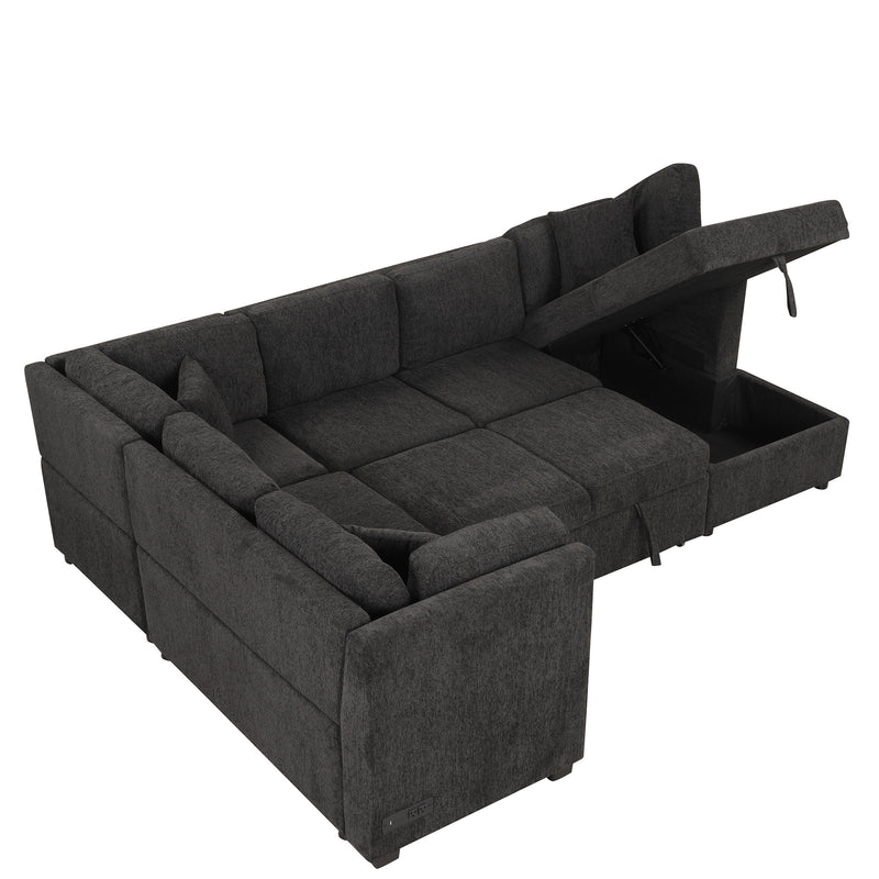 U-Shaped Sectional Sofa Pull Out Sofa Bed With Two USB Ports, Two Power Sockets, Three Back Pillows And A Storage Chaise For Living Room