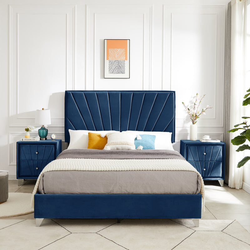 B108 Queen bed with two nightstands, Beautiful line stripe cushion headboard , strong wooden slats + metal legs with Electroplate