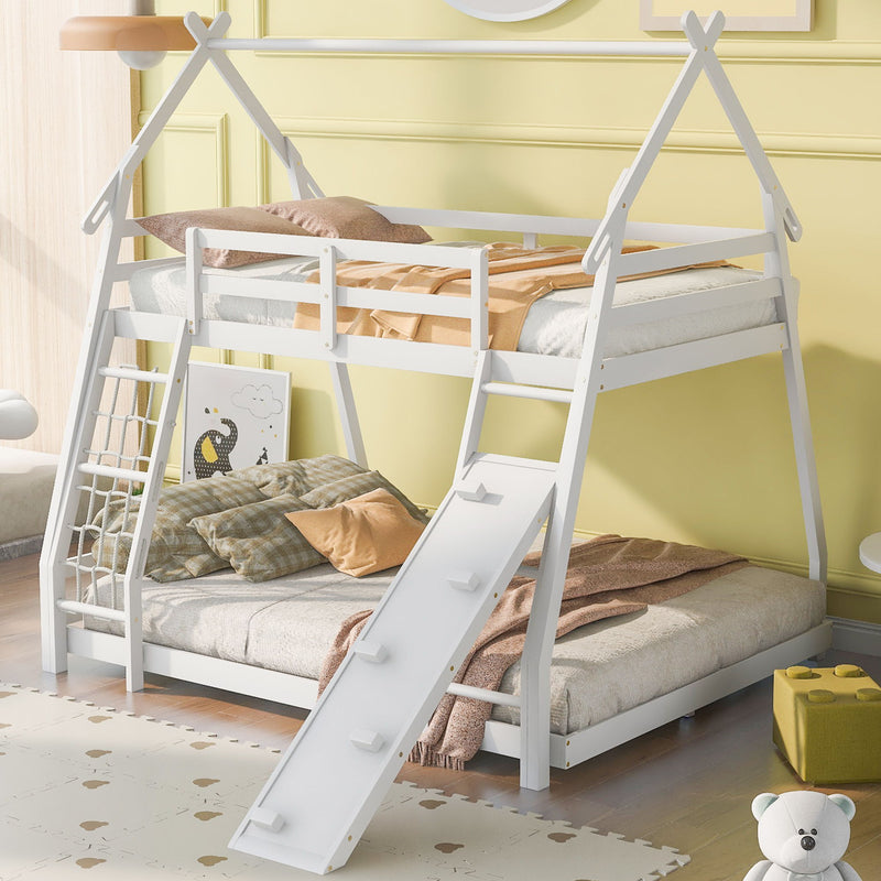 Kids Furniture - House Bunk Bed With Climbing Nets And Climbing Ramp