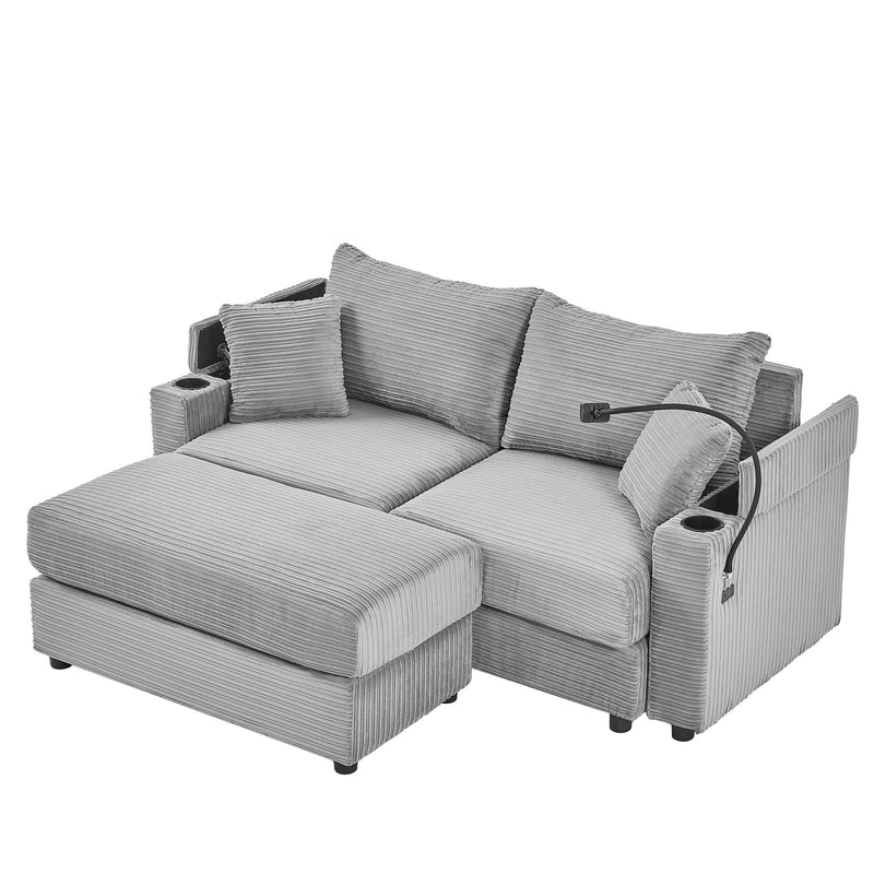 Modern Style Loveseat Sofa Sectional Sofa Couch With Storage Space, A Movable Ottoman, Two USB Ports, Two Cup Holders, A Phone Holder For Living Room