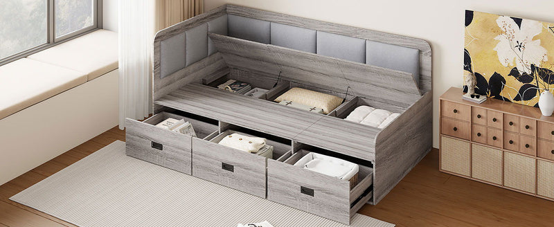 Twin Size Daybed With Three Drawers And Three Storage Compartments - Gray