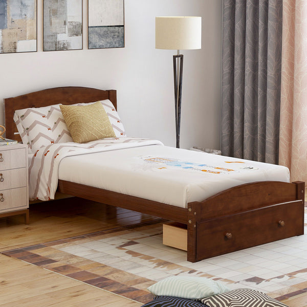 Twin Platform Bed Frame With Storage Drawer And Wood Slat Support No Box Spring Needed Walnut