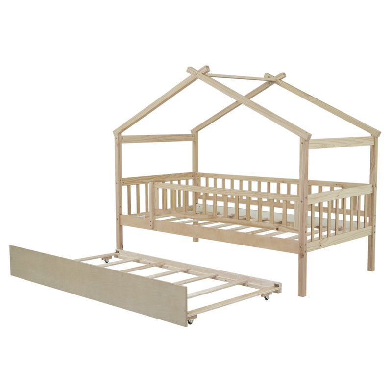 Twin Size Wooden House Bed with Twin Size Trundle, Natural