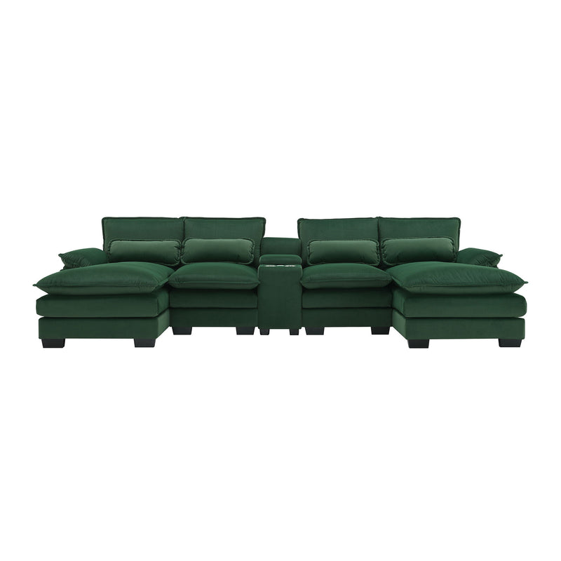 Modern U Shaped Sofa With Console, Cupholders And USB Ports, 6 Seat Upholstered Symmetrical Indoor Furniture, Sleeper Couch Set With Chaise For Living Room, Apartment, 5 Colors - Green