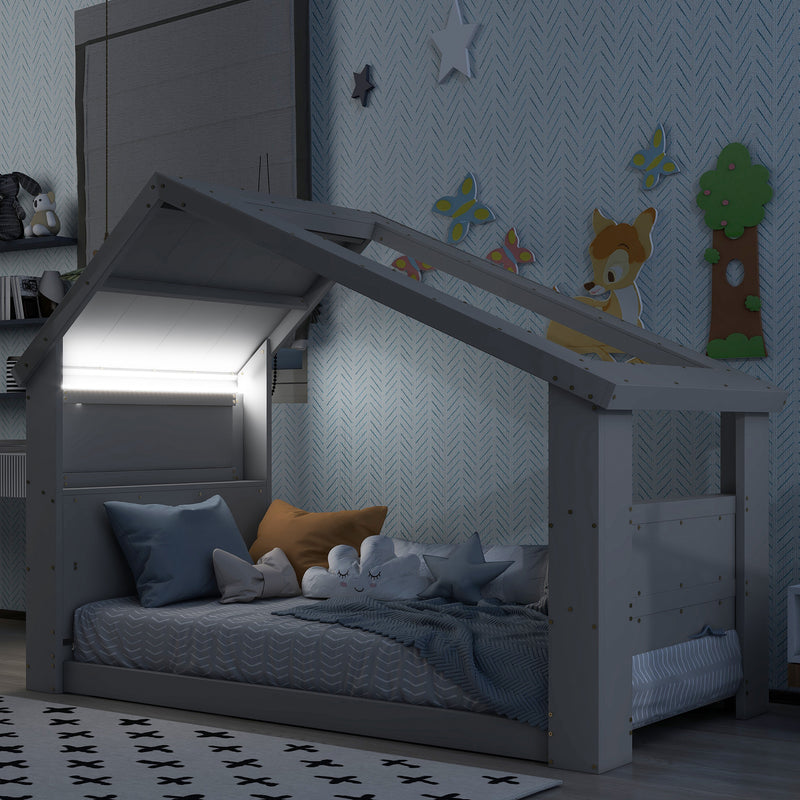 Twin House Floor Bed with Roof Window, LED Light,Grey