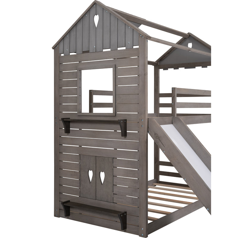 Twin Over Twin Bunk Bed Wood Bed with Roof, Window, Slide, Ladder ,Antique Gray(OLD SKU:LP000059AAE)