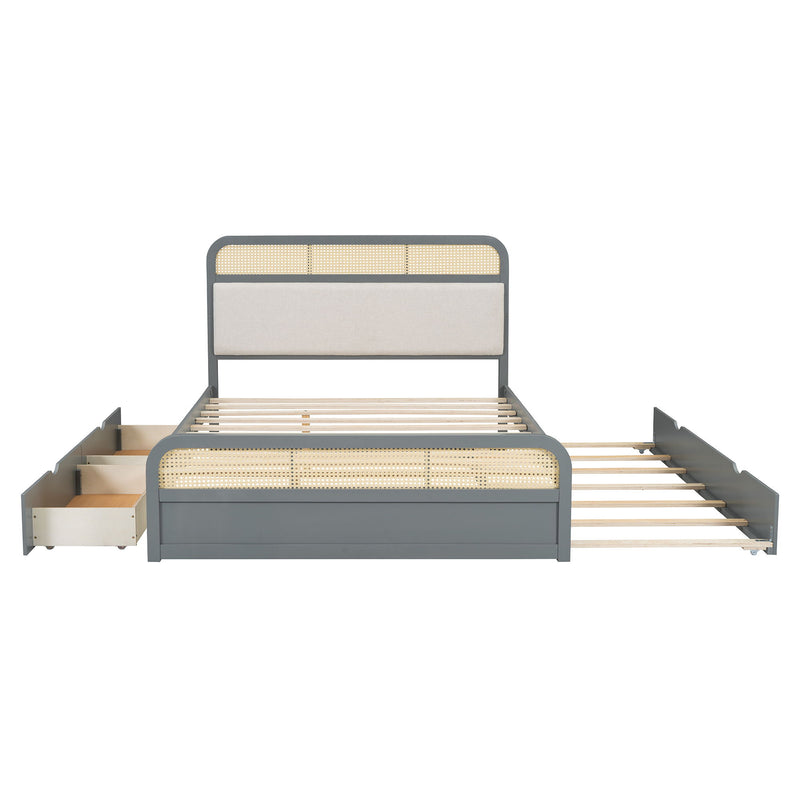 Wooden Platform Bed With Trundle And 2 Drawers