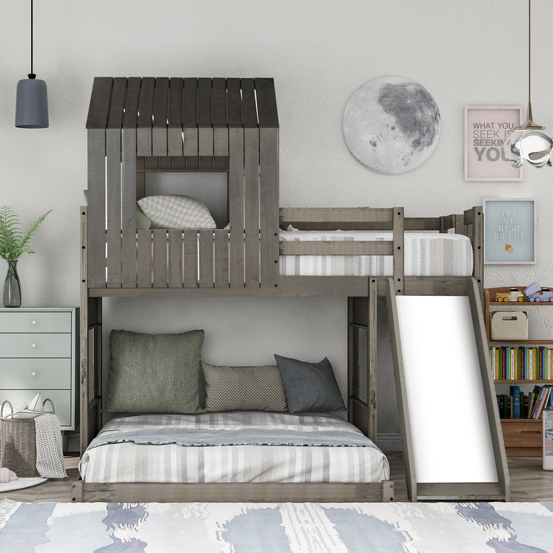 Wooden Twin Over Full Bunk Bed, Loft Bed with Playhouse, Farmhouse, Ladder, Slide and Guardrails, Antique Gray(OLD SKU :LT000028AAE)