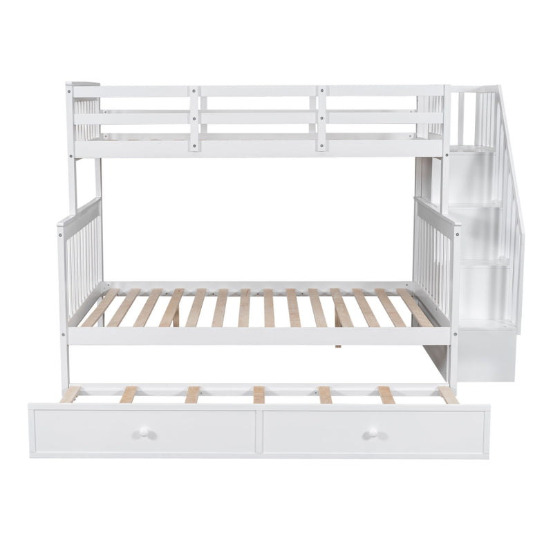 Twin Over Full Bunk Bed With Twin Size Trundle, Storage And Guard Rail For Bedroom, Dorm, For Adults - White