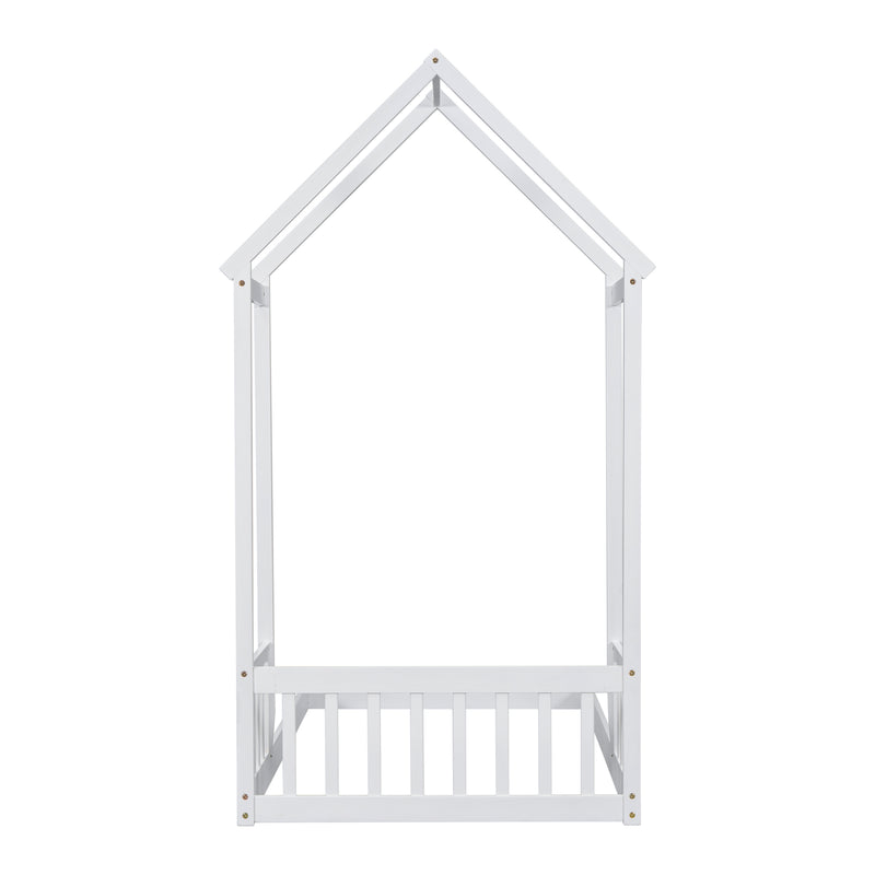 Twin House-shaped Roof Headboard Floor Bed,,(without slats),White