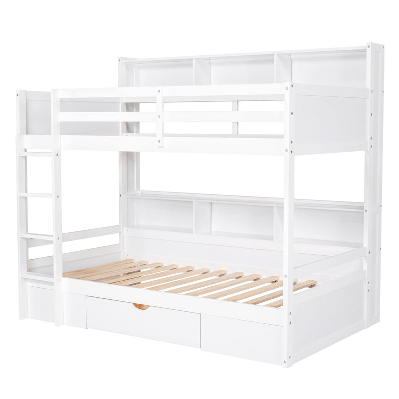 Twin Size Bunk Bed With Built-In Shelves Beside Both Upper And Down Bed And Storage Drawer