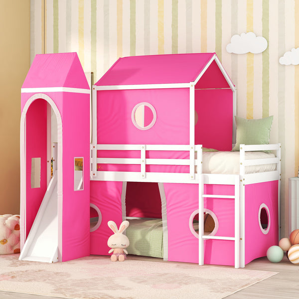 Twin Size Bunk Bed with Slide Pink Tent and Tower - Pink