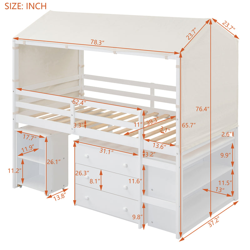 Twin Size Loft Bed with Rolling Cabinet, Shelf and Tent - White