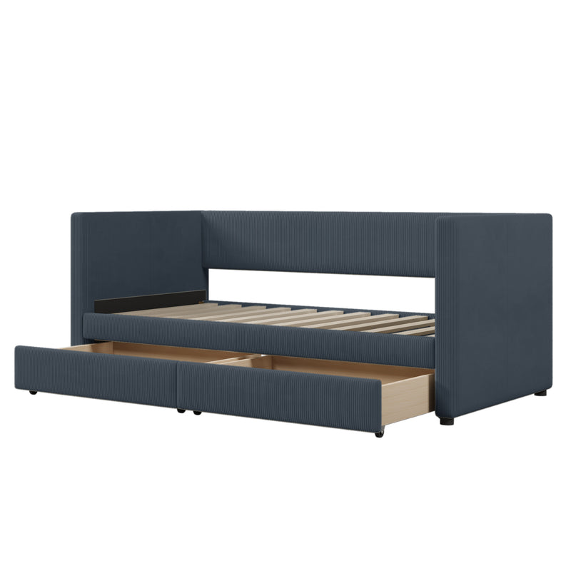 Twin Size Corduroy Daybed with Two Drawers and Wood Slat, Gray