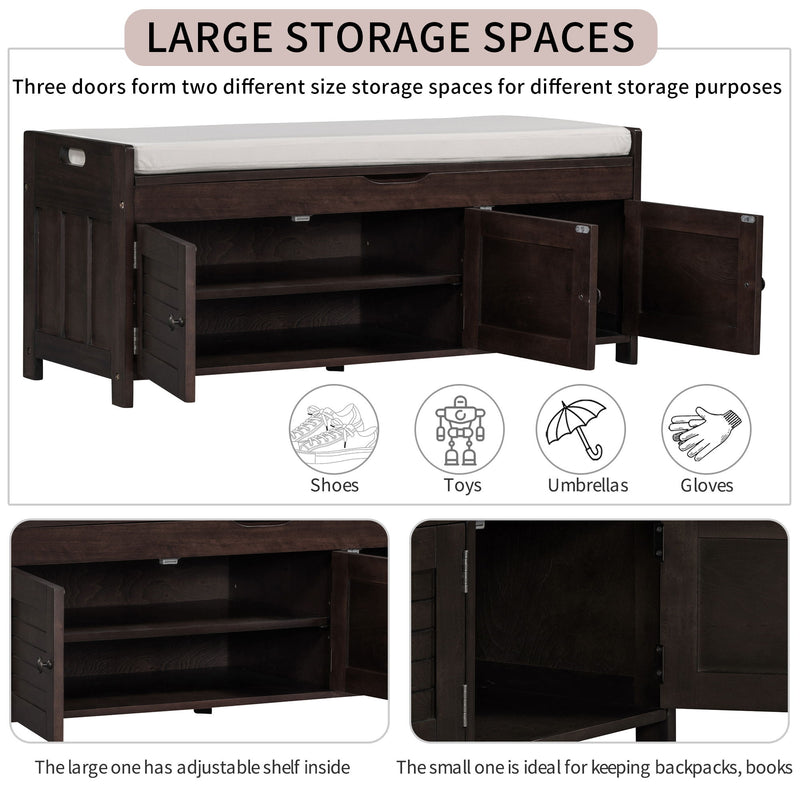 Storage Bench With 3 Shutter-Shaped Doors, Shoe Bench With Removable Cushion And Hidden Storage Space