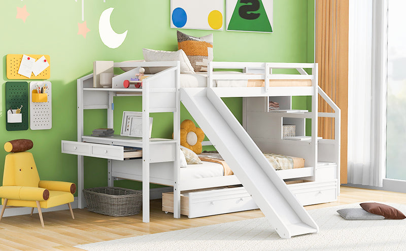 Twin over Twin Bunk Bed with Storage Staircase, Slide and Drawers, Desk with Drawers and Shelves, White