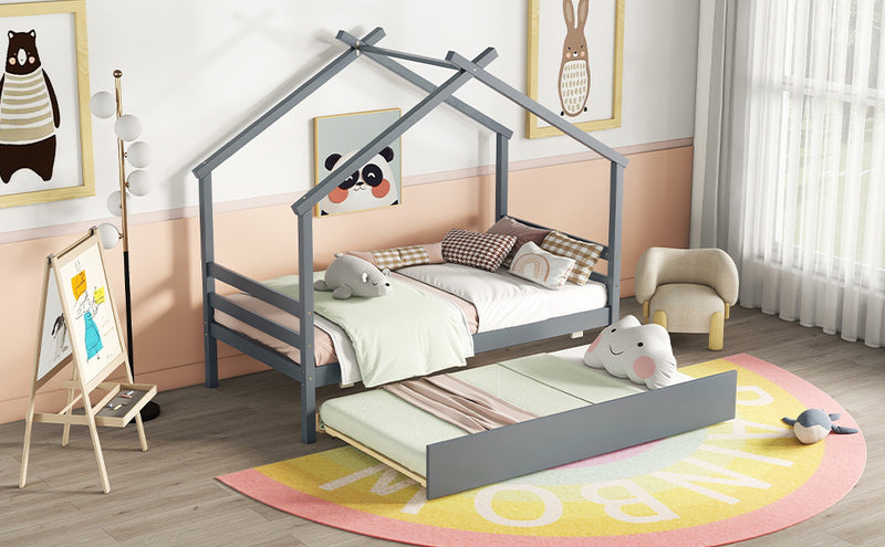 Twin Size  House-shaped Bed with Trundle,Grey