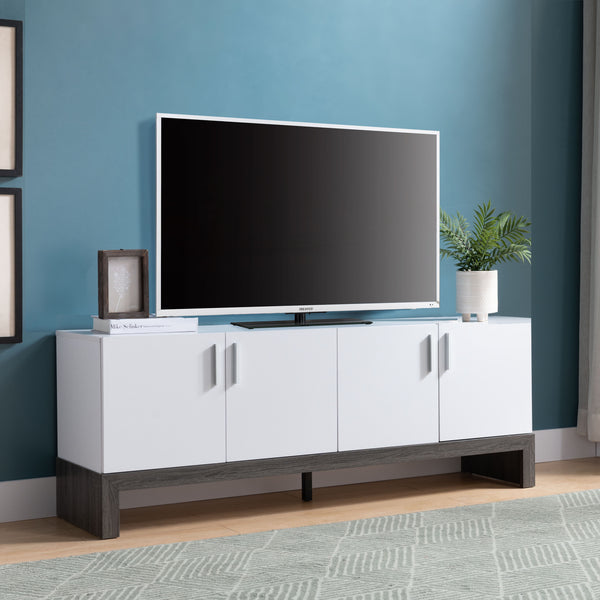 Side Credenza With 4 Doors, Storage Cabinets, 60" TV Stand - White & Distressed Grey