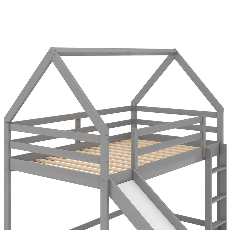 Twin Size Bunk House Bed with Slide and Ladder,Gray