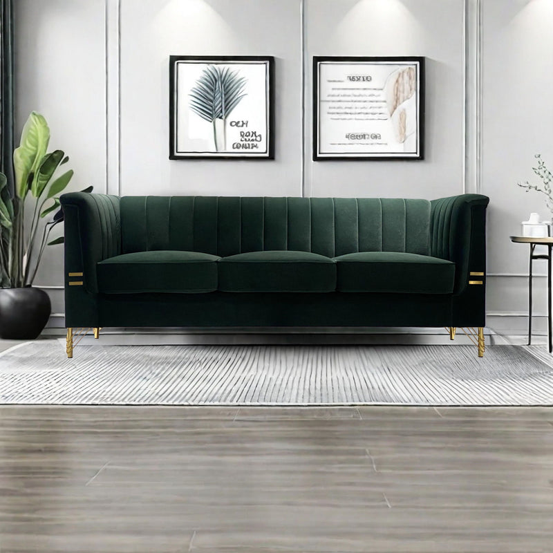 Fx-P82-Gr (Sofa) Velvet Sofa, Mid-Century Sofa Furniture Chesterfield Couch For Living Room - Green