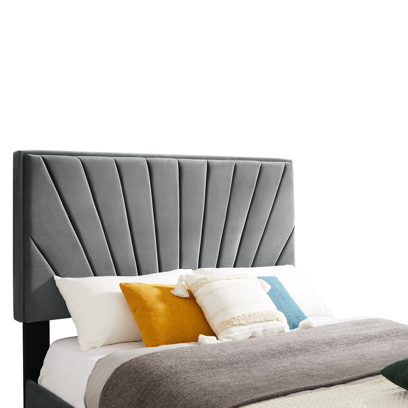 B108 Full bed Beautiful line stripe cushion headboard , strong wooden slats + metal support feet, Gray Flannelette