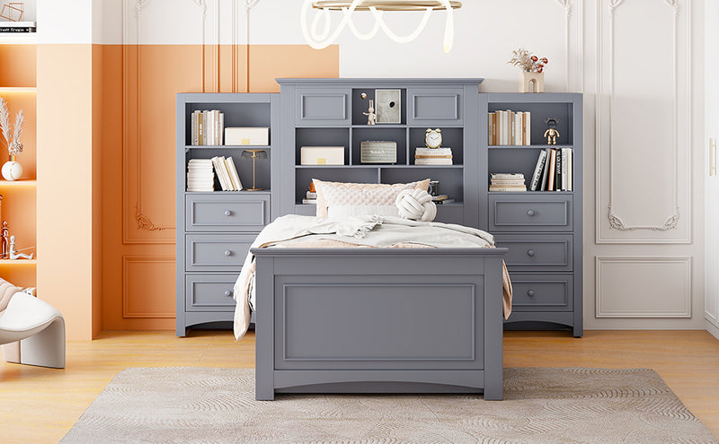 Twin Size Wood Platformbed with Vertical All-in-One Cabinet and 4 Drawers on each side, Gray