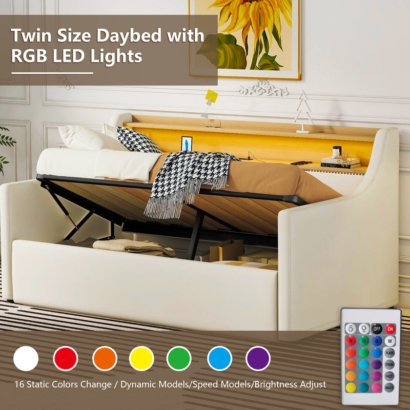 Twin Size Daybed with Hydraulic Storage, Upholstered Daybed with Lift Up Storage, Twin Leather Daybed with Charging Station and LED Lights,White(Expect arrival date Feb.13rd)