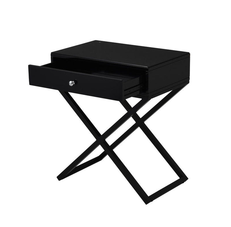 Koda - Wooden End Side Table Nightstand With Glass Top, Drawer And Metal Cross Base