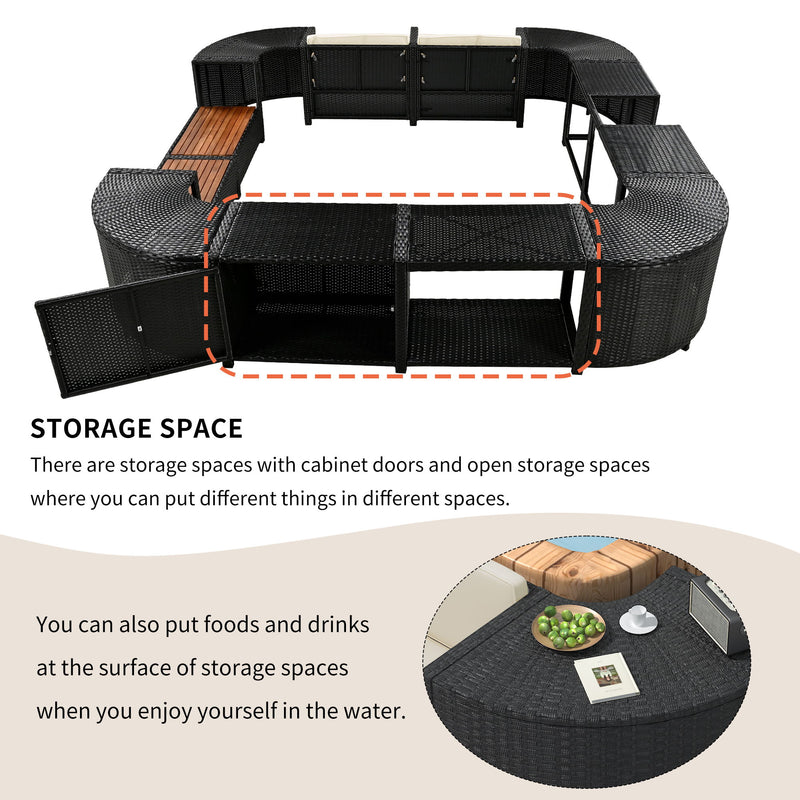 Spa Surround Spa Frame Quadrilateral Outdoor Rattan Sectional Sofa Set With Mini Sofa, Wooden Seats And Storage Spaces