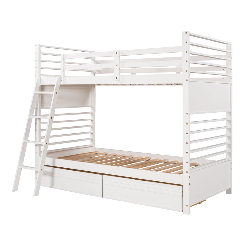 Twin over Twin Wood Bunk Bed with Two Drawers - White